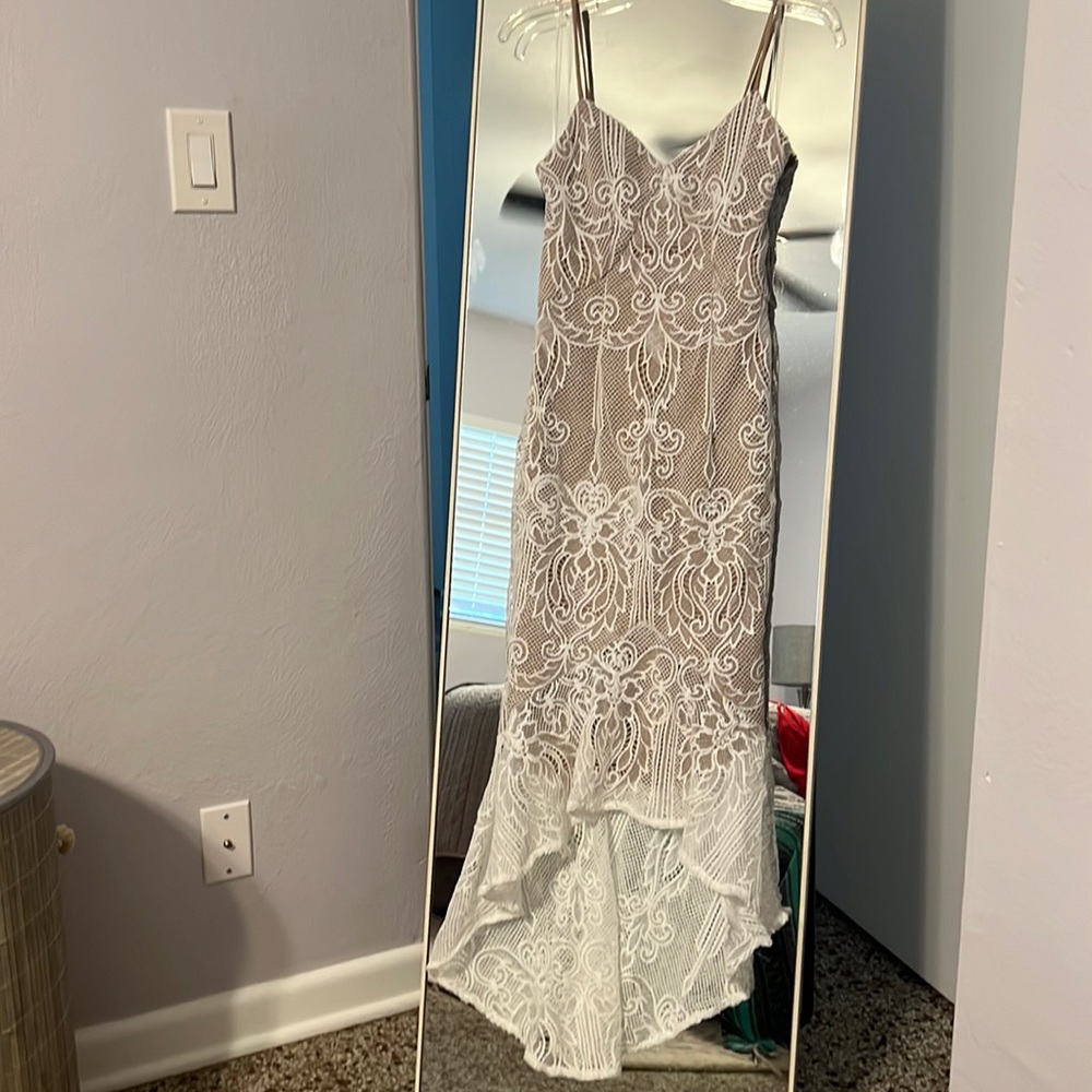 High low spaghetti strap dress. Nude with white lace overlay. Never worn.